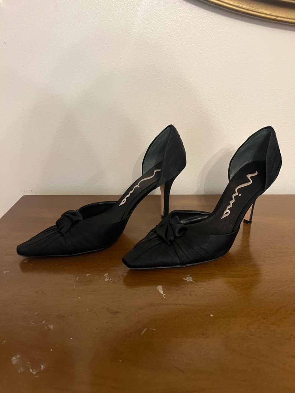 Nina Satin Black Pointed Toe Heels - Picture 3 of 8